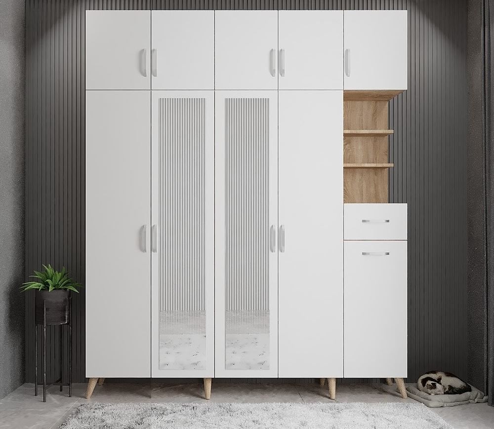 Açelya Portmanto Vestiyer Meşe-Beyaz Ücretsiz Kurulum Ölçü Seçenekli M10