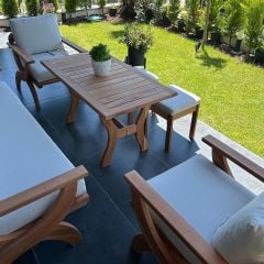 Angela Masif Ahşap Bahçe Balkon Koltuk Kayın Ağacı 3+1+1 Koltuk, Masa ve Puf Takımı