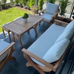 Angela Masif Ahşap Bahçe Balkon Koltuk Kayın Ağacı 3+1+1 Koltuk, Masa ve Puf Takımı