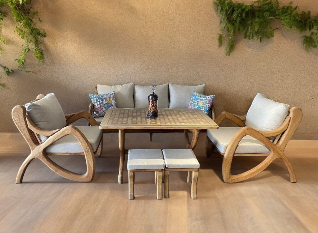 Violet  Masif Ahşap Bahçe Balkon Koltuk Kestane Ağacı 3+1+1 Koltuk, Masa ve Puf Takımı