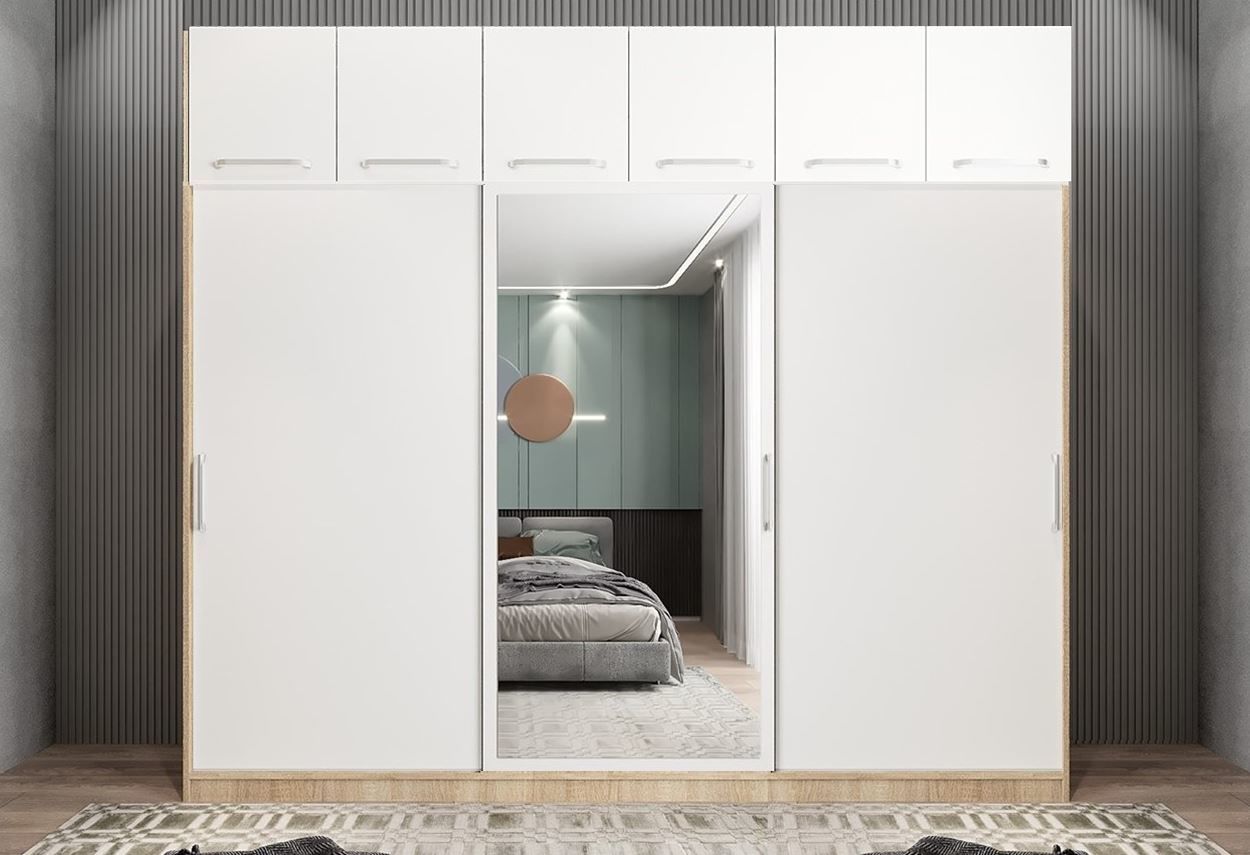 Runa Sürgü Kapaklı Dolap Gardırop Yüklüklü Meşe Beyaz 240 cm - Ücretsiz Kurulum