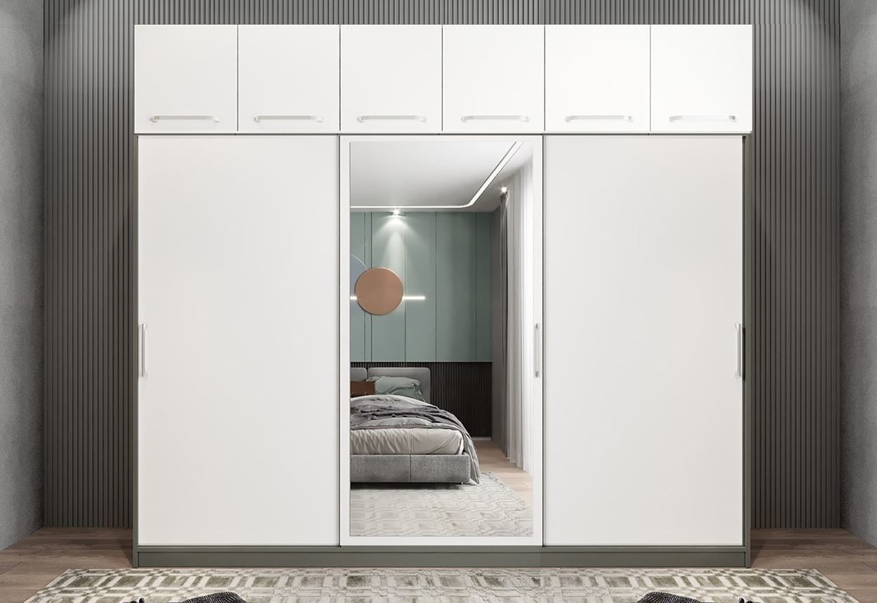 Runa Sürgü Kapaklı Dolap Gardırop Yüklüklü Füme Beyaz 240 cm - Ücretsiz Kurulum