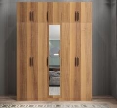 Soft 10 Kapaklı Yüklüklü Gizli Çekmeceli Gardırop Dolap Ceviz- Ücretsiz Kurulum