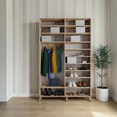 Panama Sürgülü Yüklük Modüllü Portmanto Vestiyer Ayakkabılık Meşe Beyaz Ölçü Seçenekli