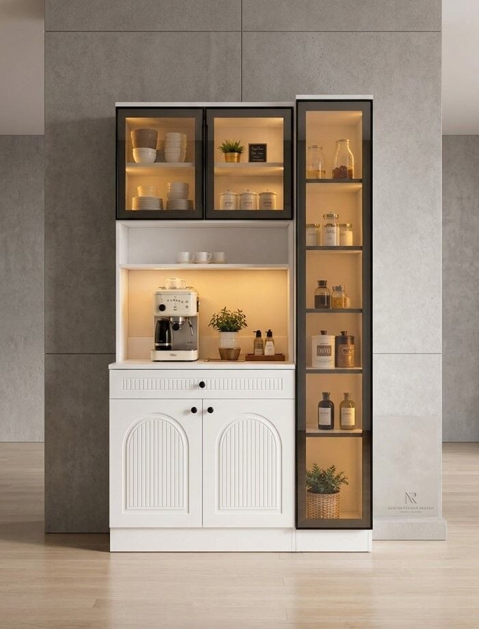 Premium Reflekte Camlı Membranlı Tamamen Mdf  Kahve Köşesi  Çok Amaçlı Dolap Kiler Mutfak Dolabı  125 Cm