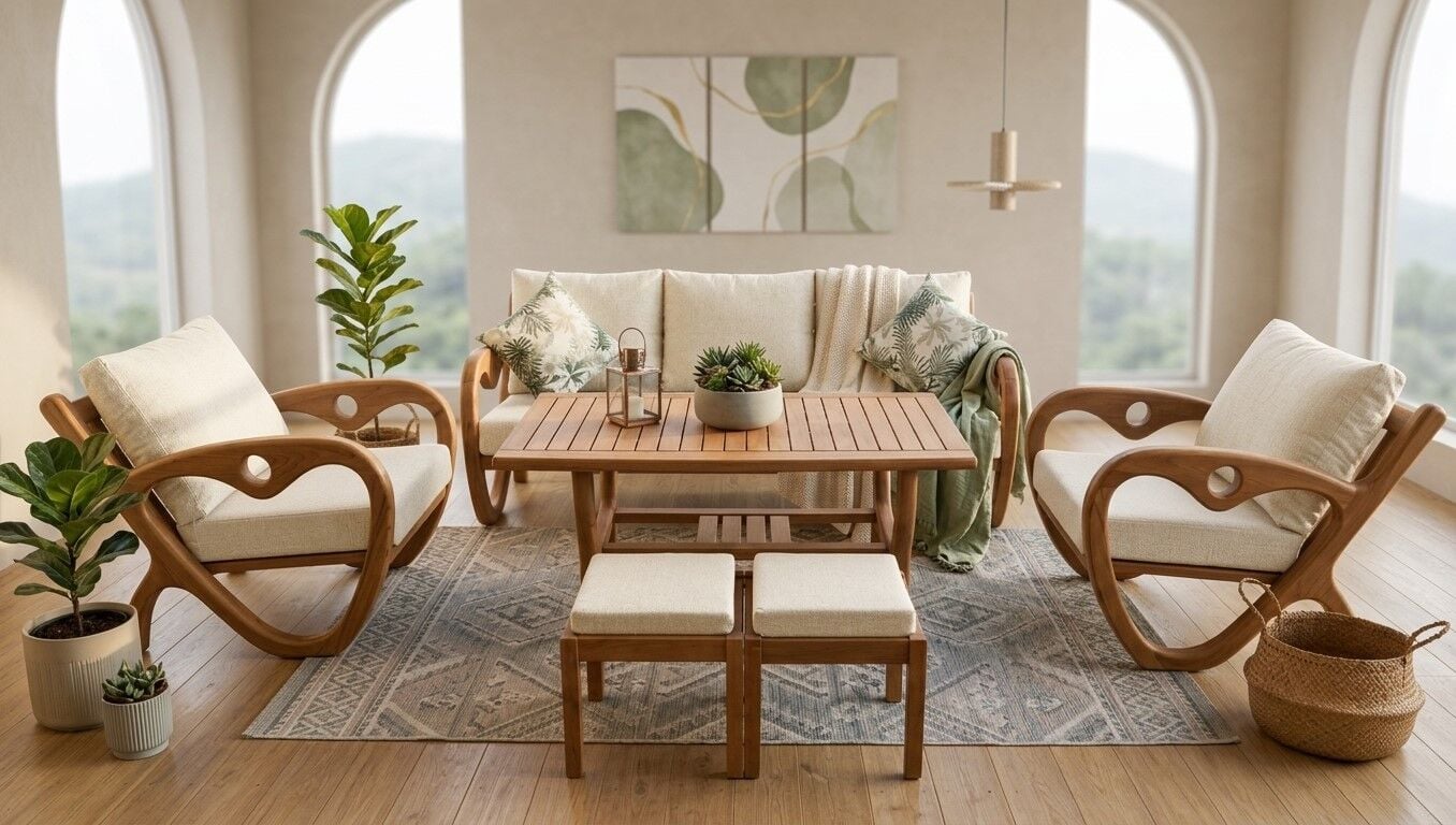 Gardenlove  Masif Ahşap Bahçe Balkon Koltuk Kestane Ağacı 3+1+1 Koltuk, Masa ve Puf Takımı Krem