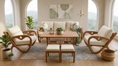 Gardenlove  Masif Ahşap Bahçe Balkon Koltuk Kestane Ağacı 3+1+1 Koltuk, Masa ve Puf Takımı Krem