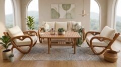 Gardenlove  Masif Ahşap Bahçe Balkon Koltuk Kestane Ağacı 3+1+1 Koltuk ve Masa Takımı Krem