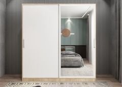 Star Sürgü Kapaklı Gizli Çekmeceli Dolap Gardırop Meşe Beyaz- Ücretsiz Kurulum