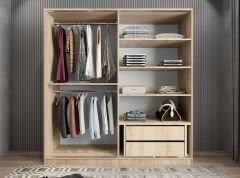 Star Sürgü Kapaklı Gizli Çekmeceli Dolap Gardırop Meşe Beyaz- Ücretsiz Kurulum