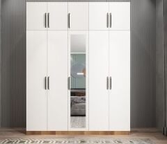 Soft 10 Kapaklı Yüklüklü Gizli Çekmeceli Gardırop Dolap Ceviz Beyaz - Ücretsiz Kurulum