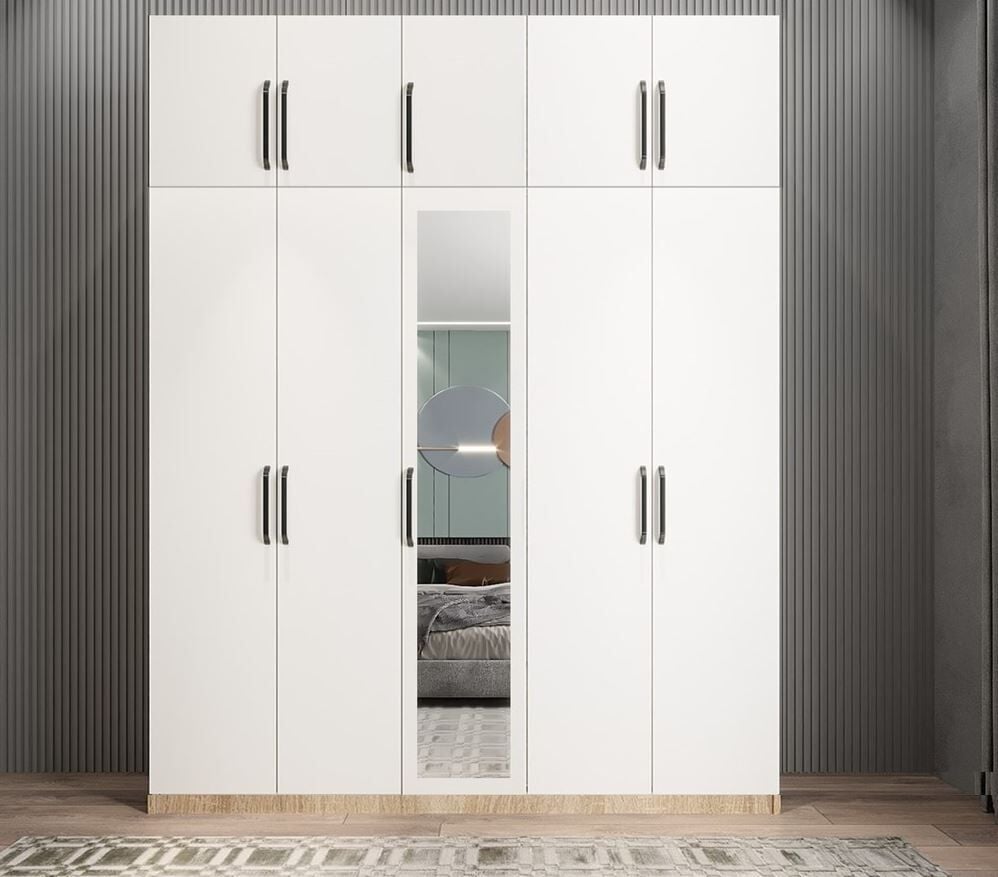 Soft 10 Kapaklı Yüklüklü Gizli Çekmeceli Gardırop Dolap Meşe Beyaz - Ücretsiz Kurulum