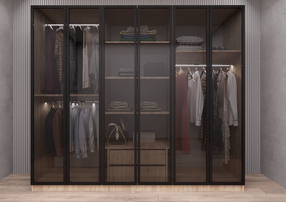 Nesse Reflekte Cam 6 Kapaklı Gardırop Montaj Dahil Işıklandırma Hediyeli Meşe Ölçü Seçenekli