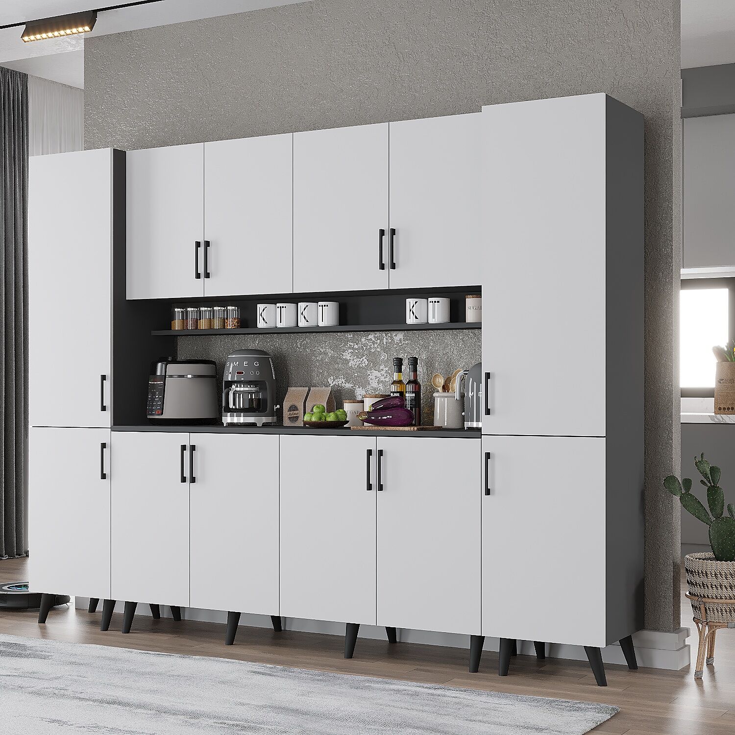 Della Kahve Köşesi Çok Amaçlı Dolap Kiler Mutfak Dolabı Füme Beyaz Ücretsiz Kurulum Ölçü Seçenekli