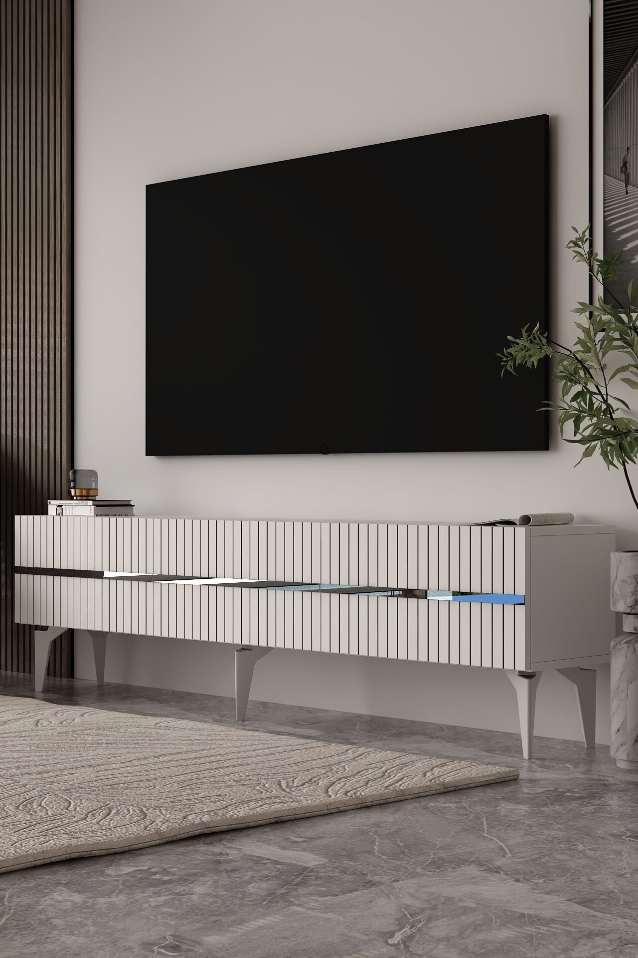 Norelia  Tv Sehpası Tv Ünitesi 180 Cm Beyaz - Gümüş