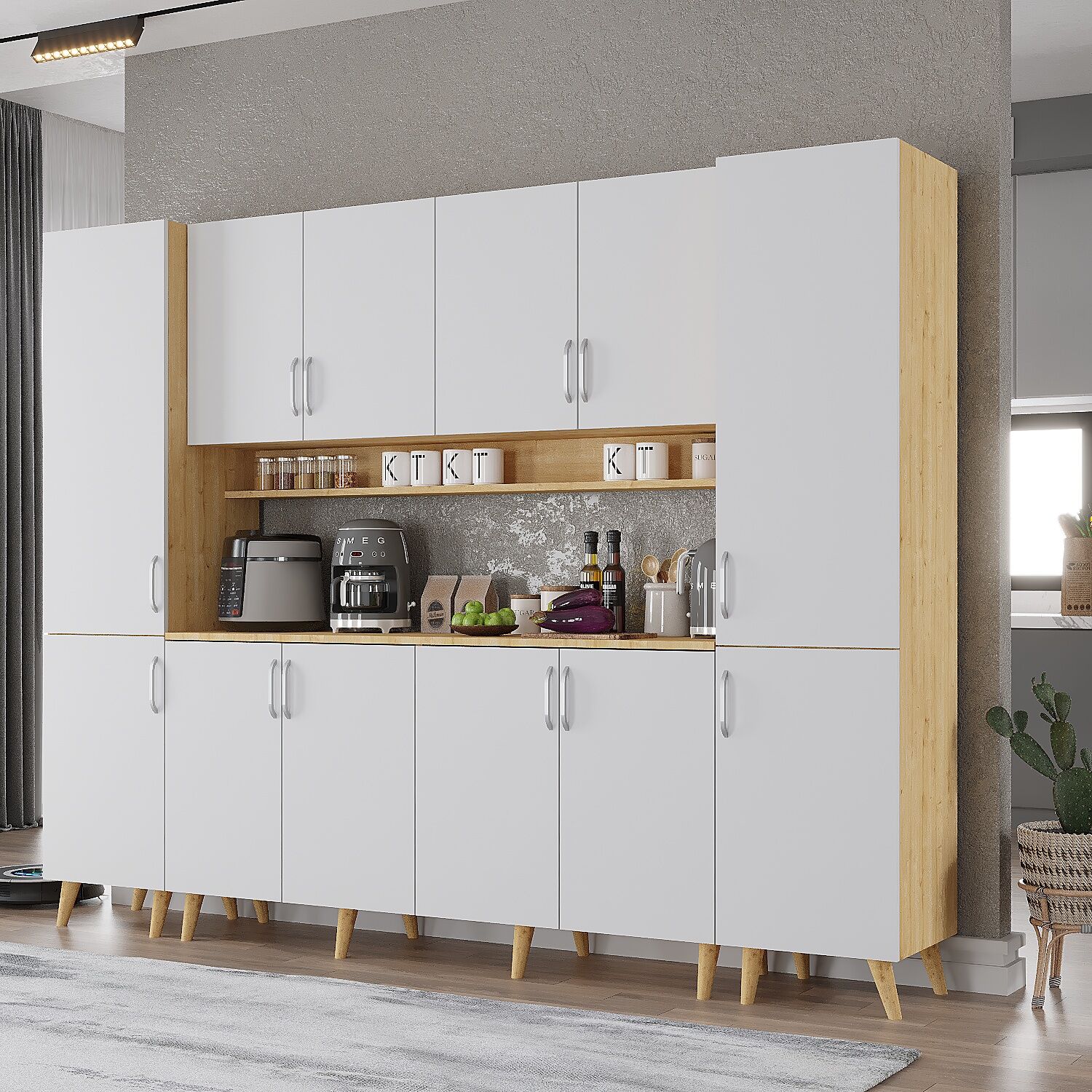 Della Kahve Köşesi Çok Amaçlı Dolap Kiler Mutfak Dolabı Meşe Beyaz Ücretsiz Kurulum Ölçü Seçenekli