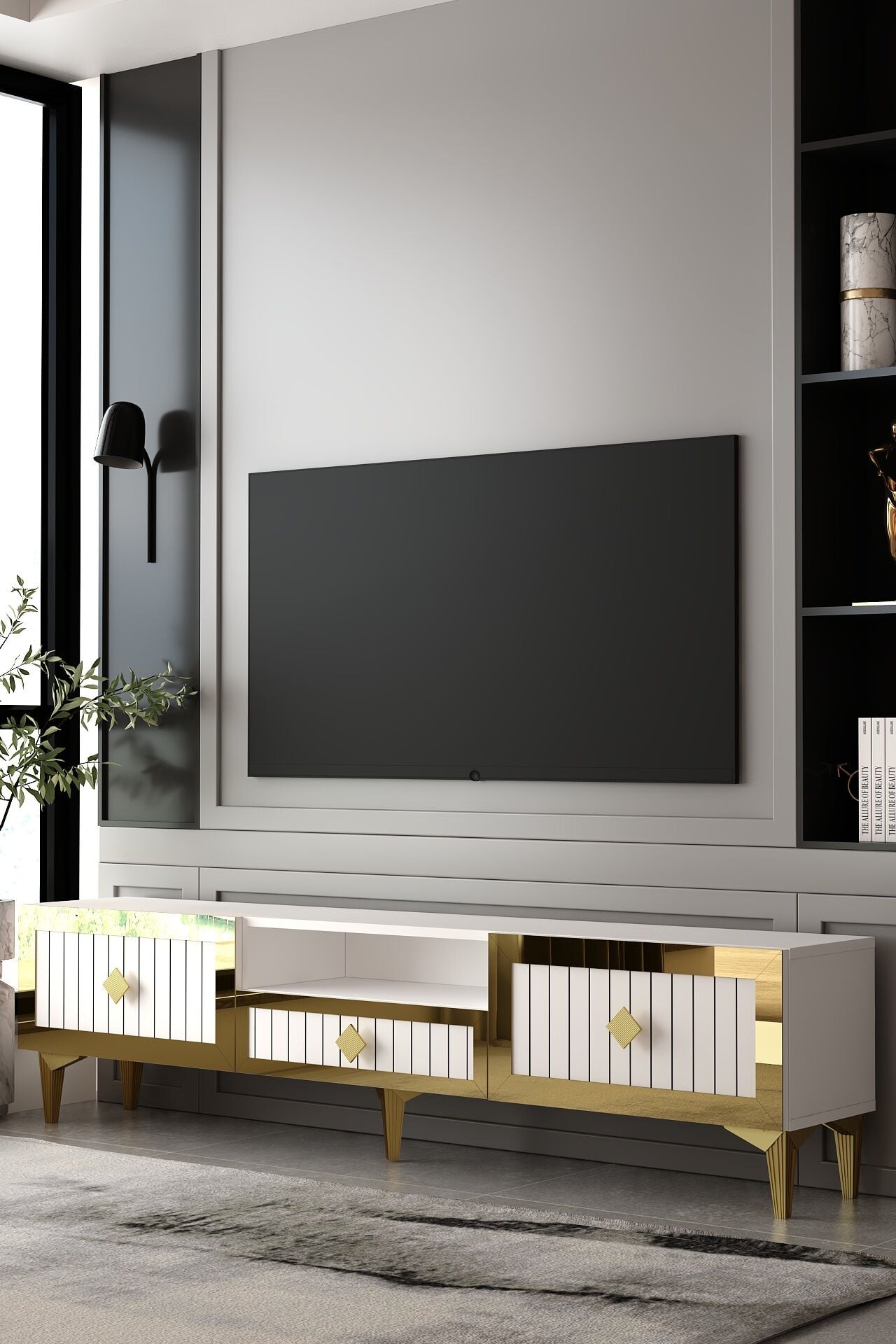 Serano Tv Sehpası Tv Ünitesi 180 Cm Beyaz - Altın