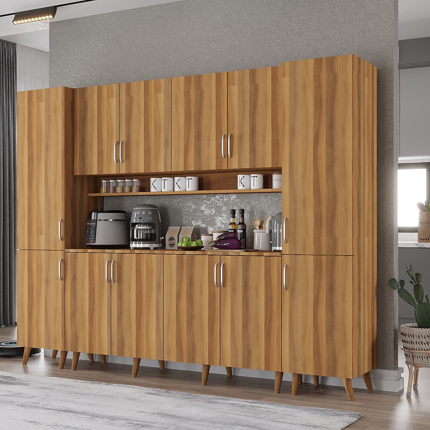 Della Kahve Köşesi Çok Amaçlı Dolap Kiler Mutfak Dolabı Ceviz Ücretsiz Kurulum Ölçü Seçenekli