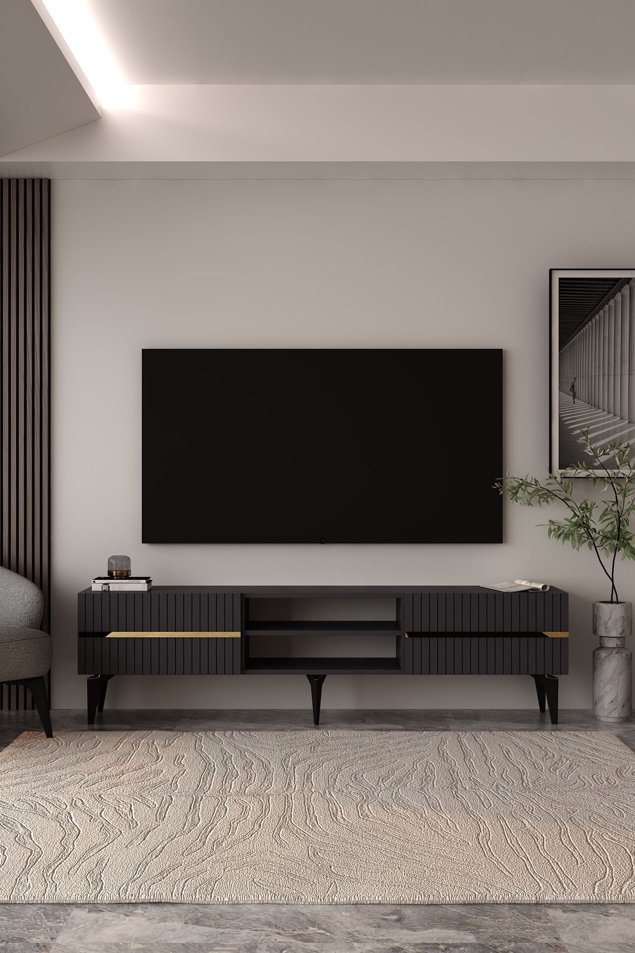 Marbella  Tv Sehpası Tv Ünitesi 180 Cm Antrasit - Altın