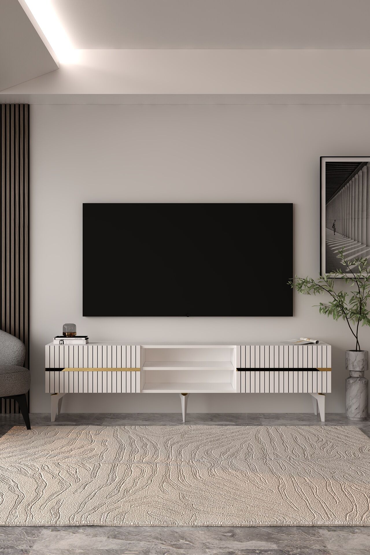 Marbella  Tv Sehpası Tv Ünitesi 180 Cm Beyaz - Altın