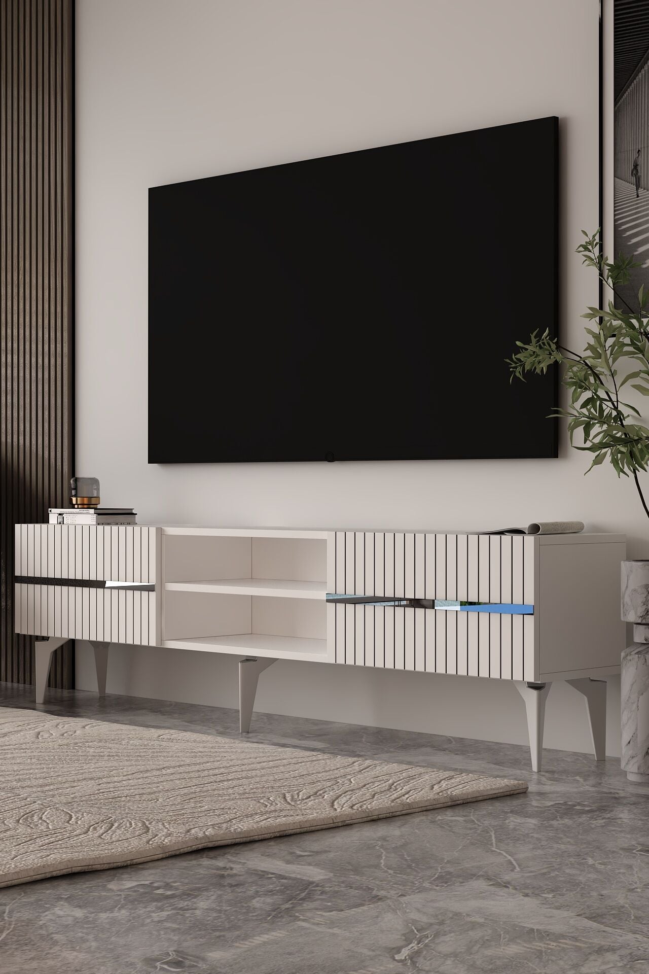Marbella  Tv Sehpası Tv Ünitesi 180 Cm Beyaz - Gümüş