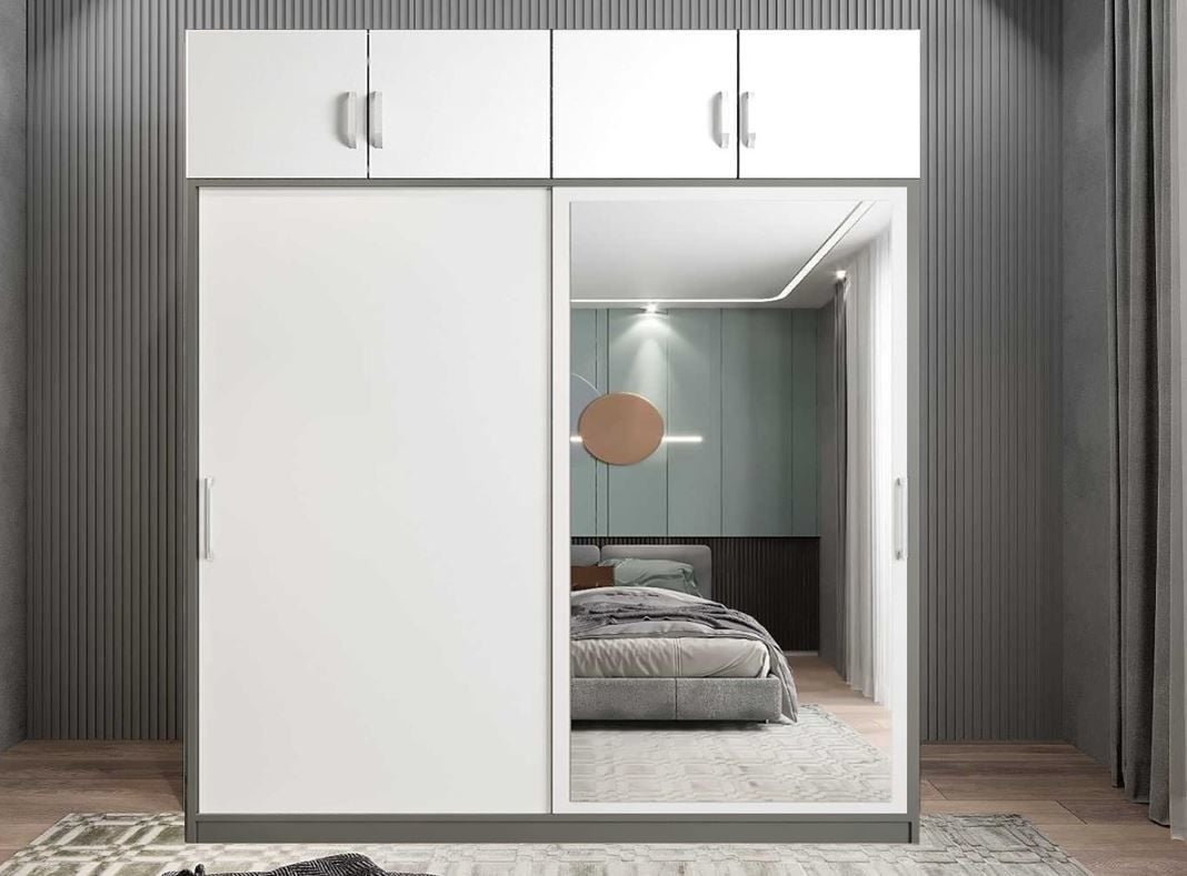 Porta Sürgü Kapaklı Dolap Gardırop Yüklüklü Füme Beyaz Ölçü Seçenekli- Montaj Dahil