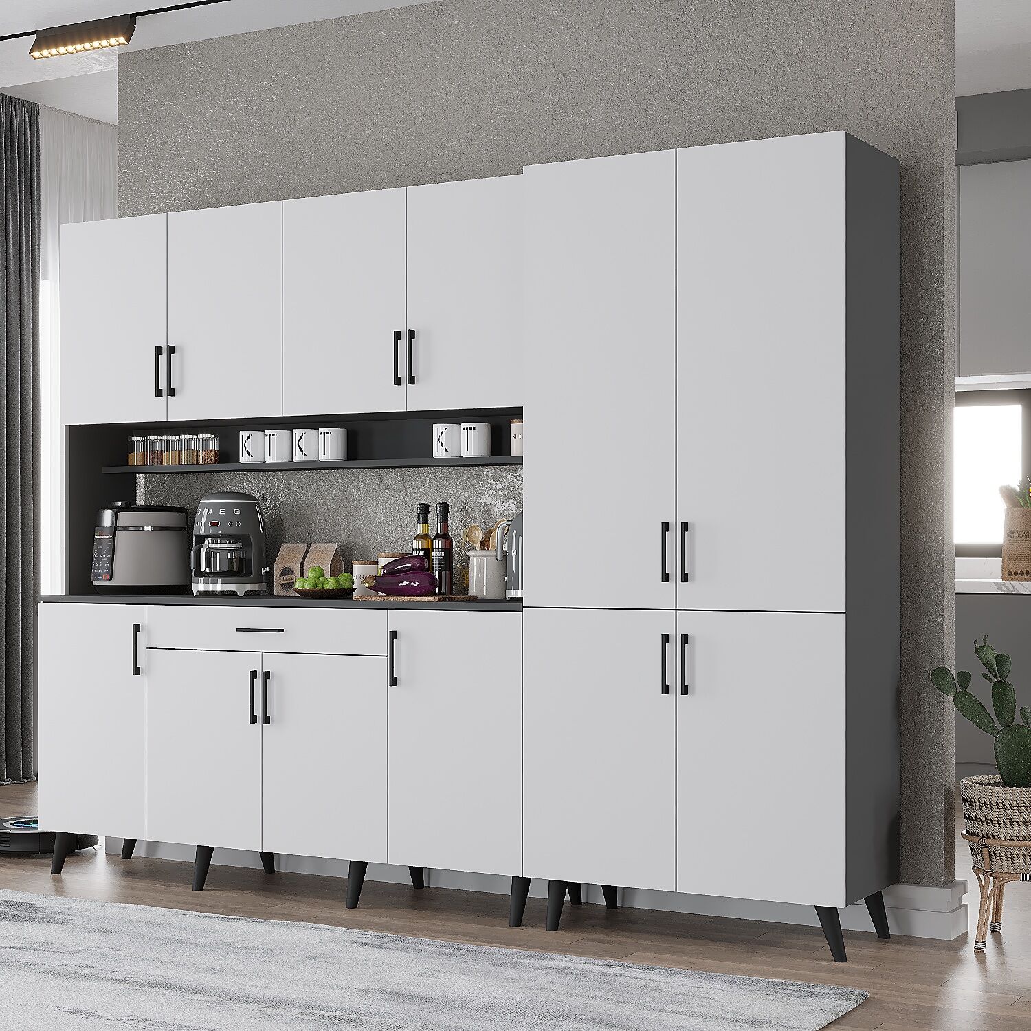 Gale Kahve Köşesi Çok Amaçlı Dolap Kiler Mutfak Dolabı Füme Beyaz Ücretsiz Kurulum  Ölçü Seçenekli