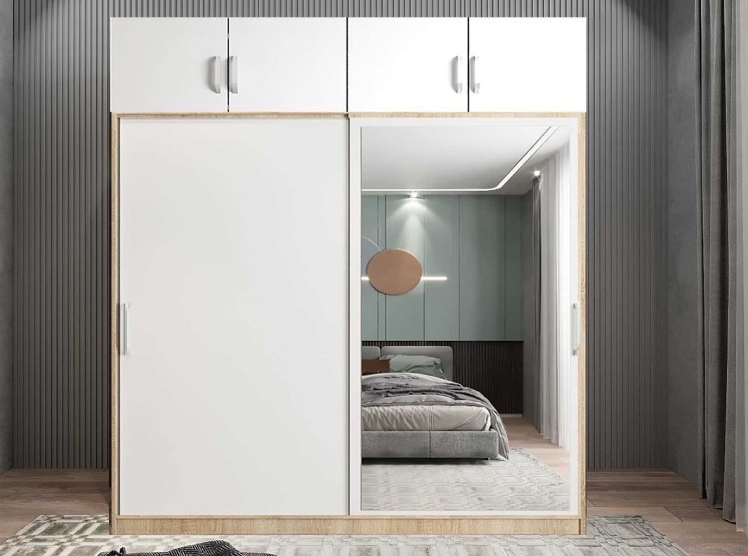 Porta Sürgü Kapaklı Dolap Gardırop Yüklüklü Meşe Beyaz Ölçü Seçenekli- Montaj Dahil