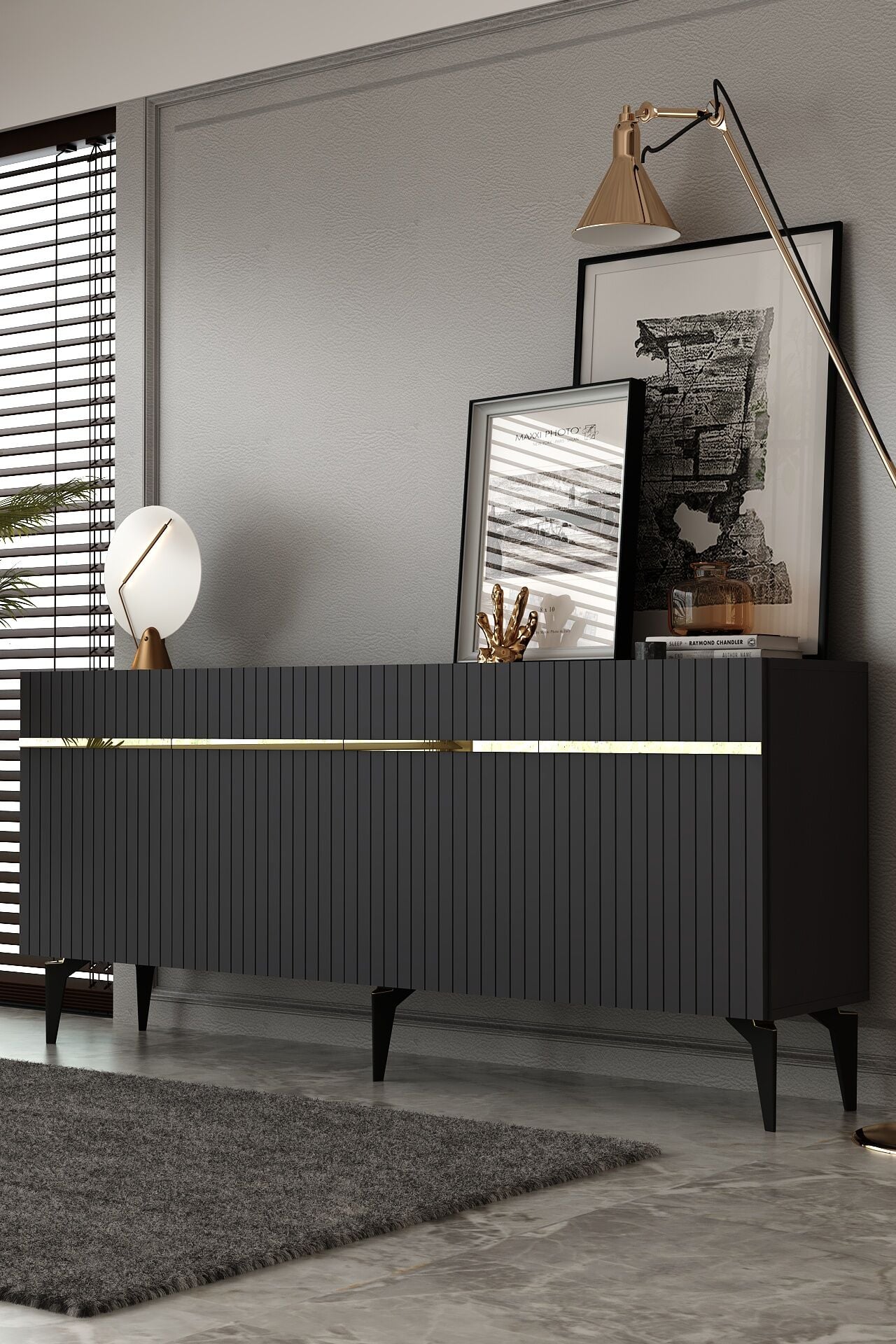 Fontana Lazer Pleksi Desen Konsol  Tv Sehpası Çok Amaçlı Dolap 180 Cm Antrasit - Altın
