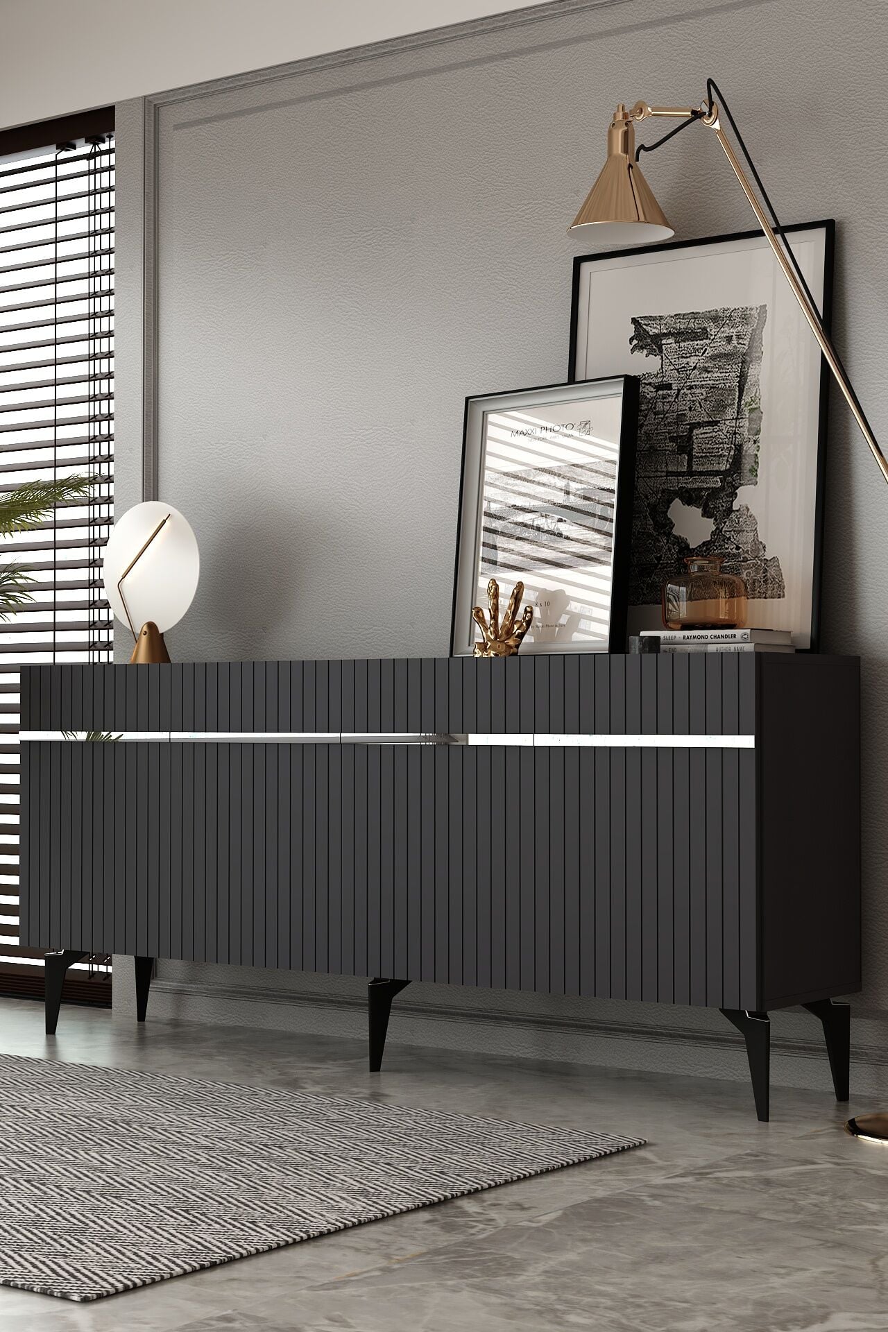Fontana Lazer Pleksi Desen Konsol  Tv Sehpası Çok Amaçlı Dolap 180 Cm Antrasit - Gümüş