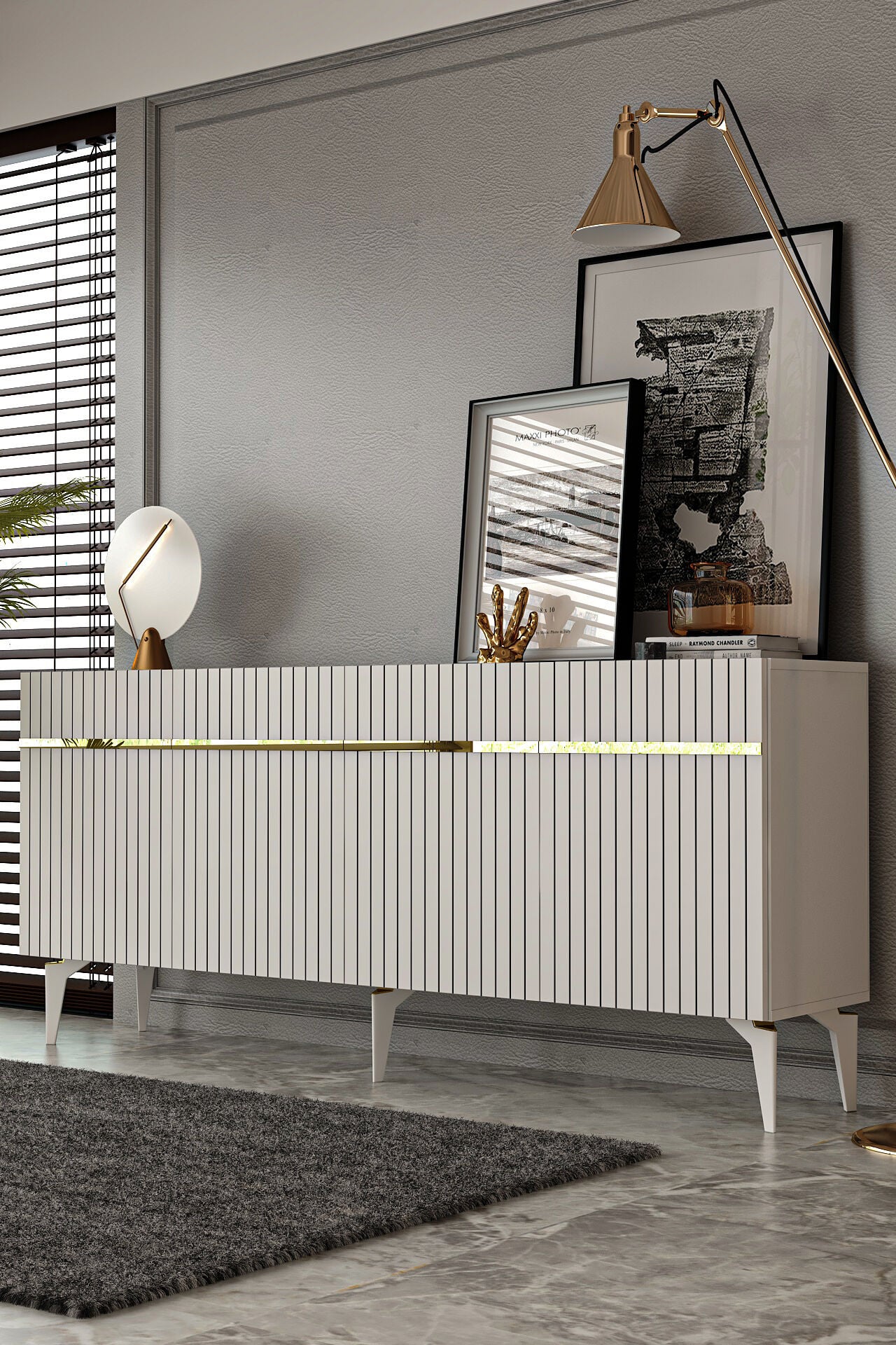Fontana Lazer Pleksi Desen Konsol  Tv Sehpası Çok Amaçlı Dolap 180 Cm Beyaz- Altın