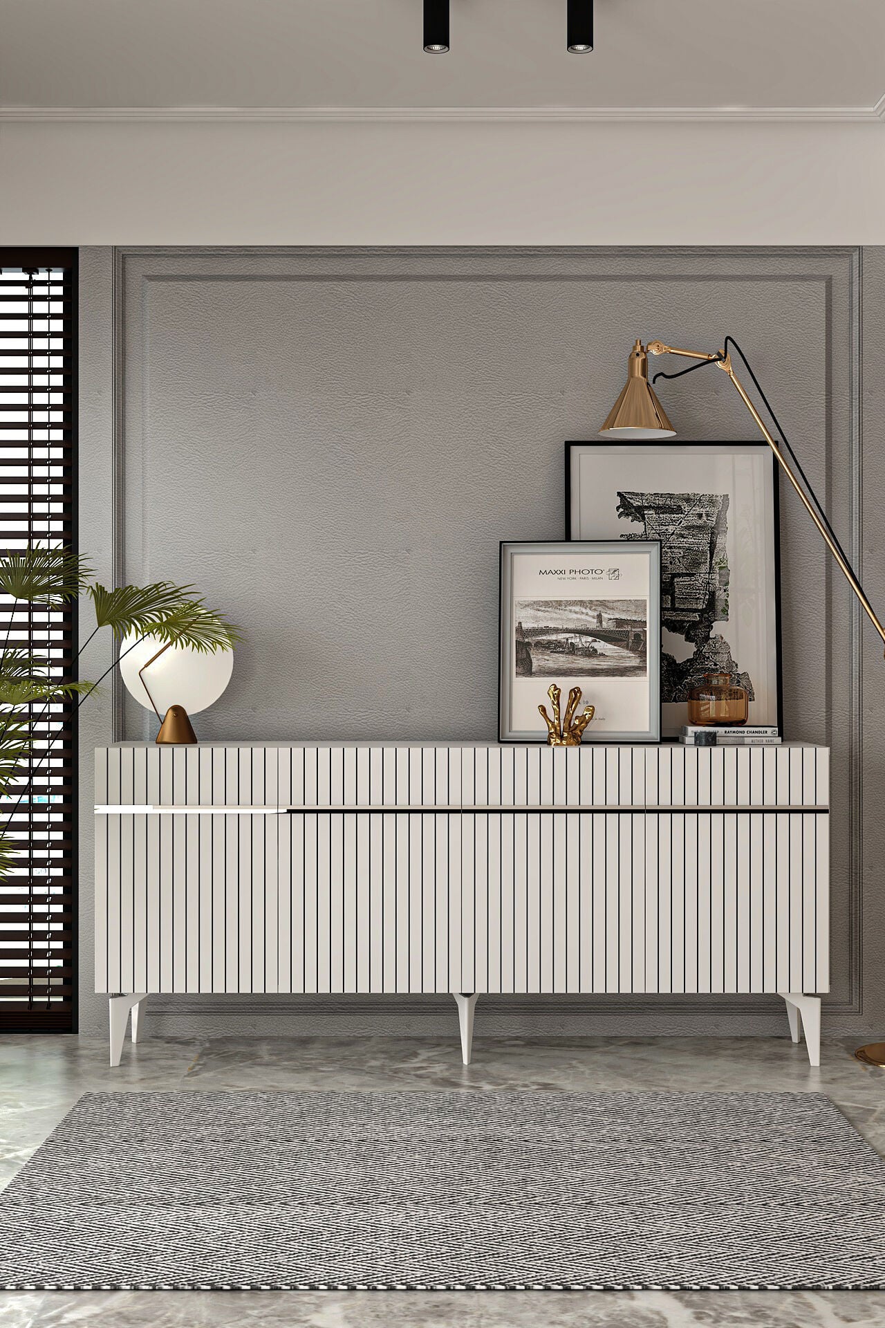 Fontana Lazer Pleksi Desen Konsol  Tv Sehpası Çok Amaçlı Dolap 180 Cm Beyaz - Gümüş