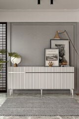 Fontana Lazer Pleksi Desen Konsol  Tv Sehpası Çok Amaçlı Dolap 180 Cm Beyaz - Gümüş