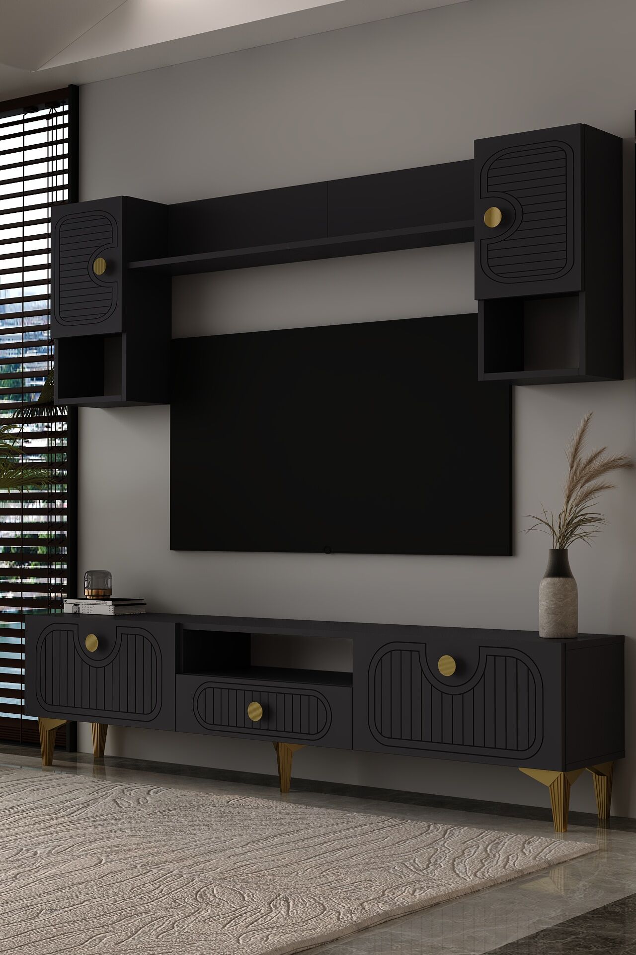 Bellagio Lazer Desenli Tv Ünitesi Takımı 180 cm - Antrasit - Altın