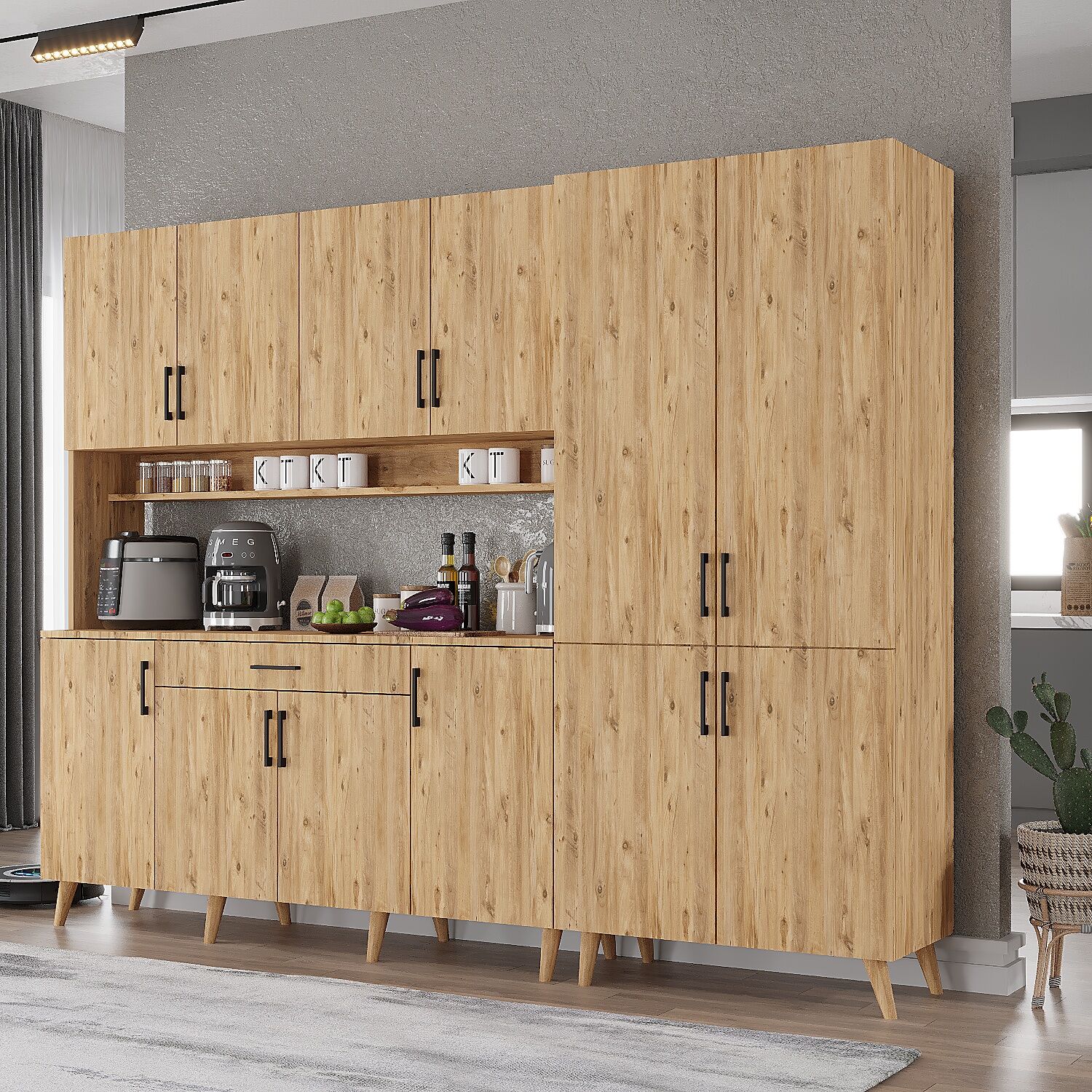 Gale Kahve Köşesi Çok Amaçlı Dolap Kiler Mutfak Dolabı Çam Ücretsiz Kurulum Ölçü Seçenekli