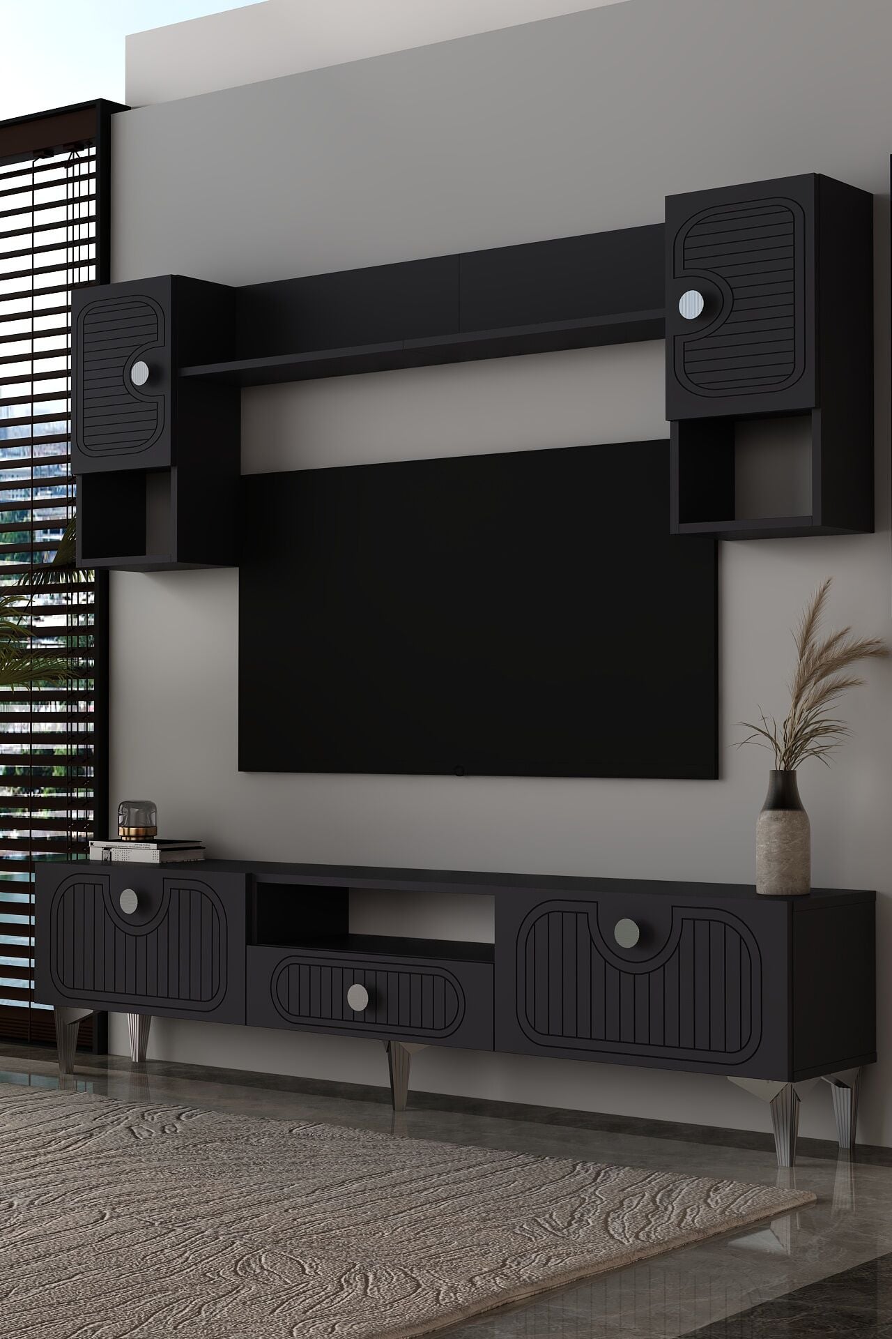 Bellagio Lazer Desenli Tv Ünitesi Takımı 180 cm - Antrasit - Gümüş