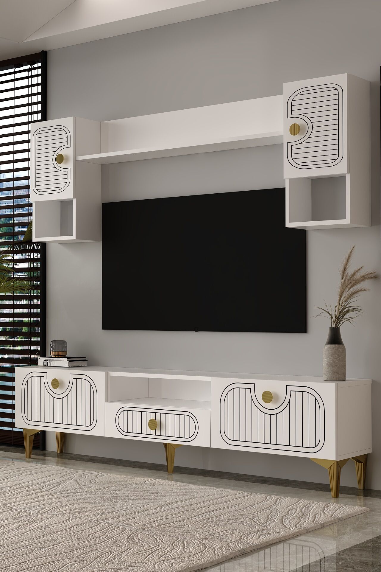 Bellagio Lazer Desenli Tv Ünitesi Takımı 180 cm - Beyaz - Altın