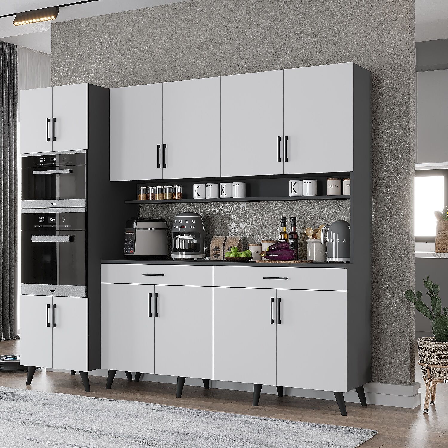 Lora Kahve Köşesi Çok Amaçlı Dolap Kiler Mutfak Dolabı Füme Beyaz Ücretsiz Kurulum Ölçü Seçenekli