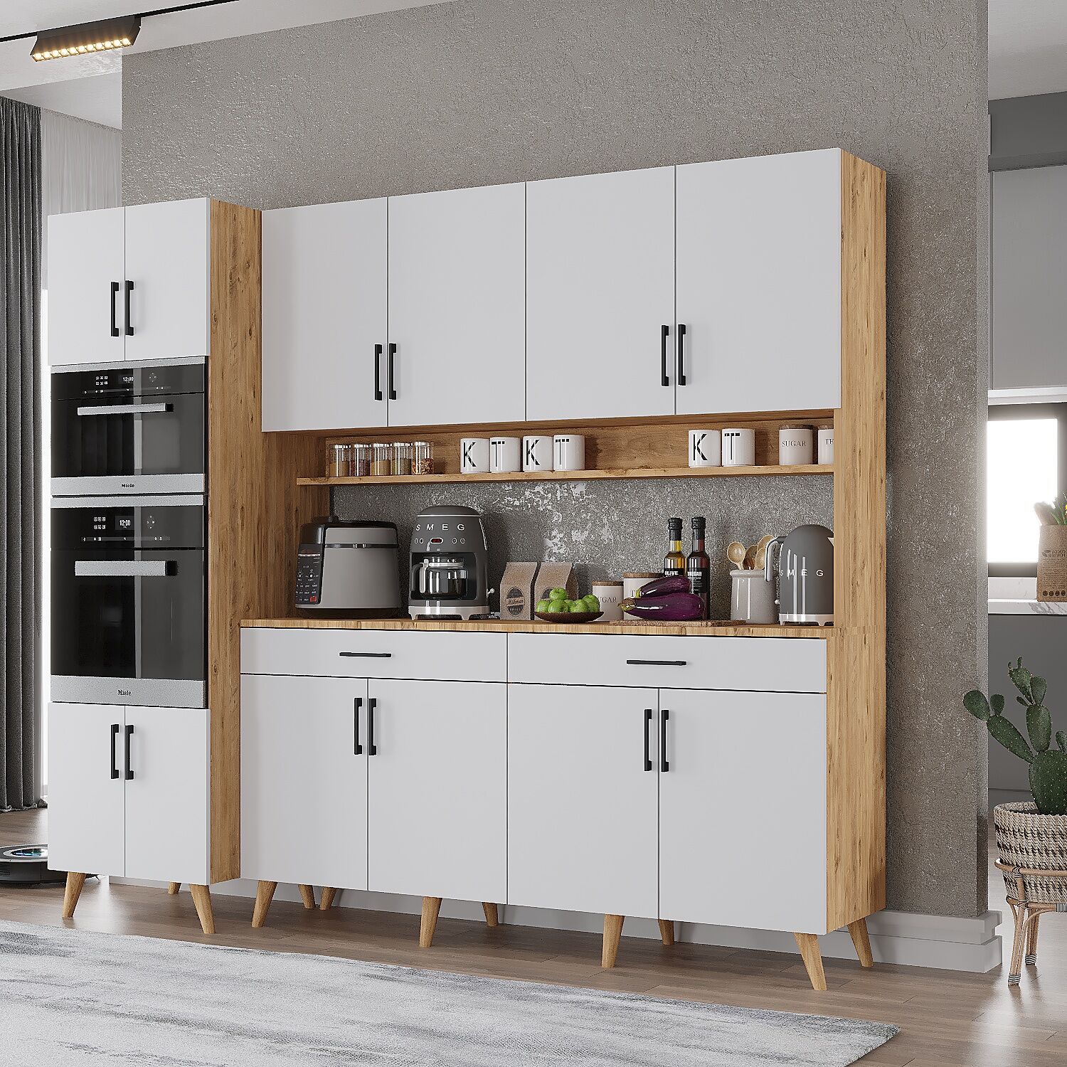 Lora Kahve Köşesi Çok Amaçlı Dolap Kiler Mutfak Dolabı Çam Beyaz Ücretsiz Kurulum Ölçü Seçenekli