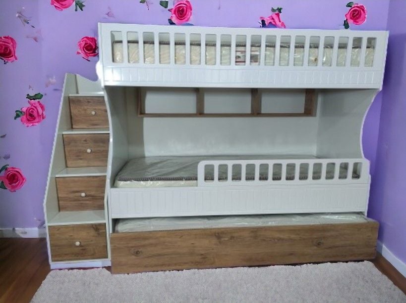 Lugo Tamamı Mdf Lake Boyalı Yavrulu 3 lü Ranza Ceviz Beyaz Ücretsiz Kurulum