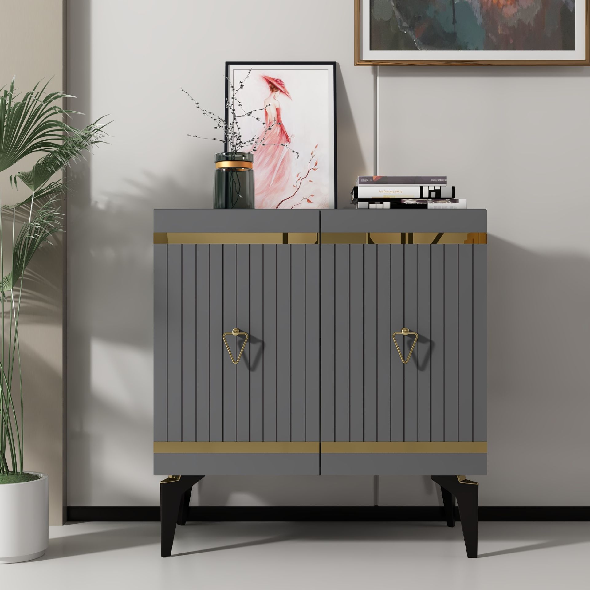 Mabel Konsol Tv Sehpası Çok Amaçlı Dolap 75 cm Antrasit - Altın