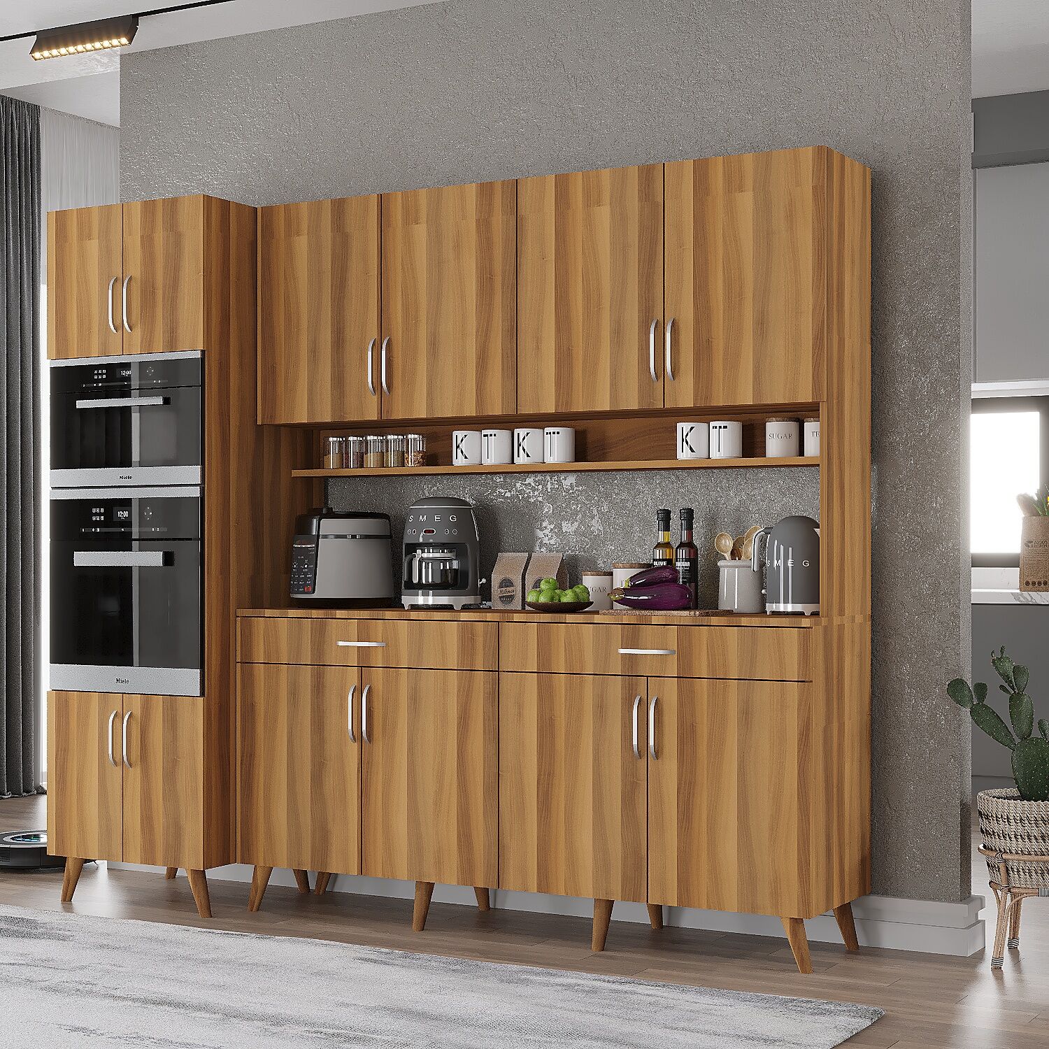 Lora Kahve Köşesi Çok Amaçlı Dolap Kiler Mutfak Dolabı Ceviz Ücretsiz Kurulum Ölçü Seçenekli