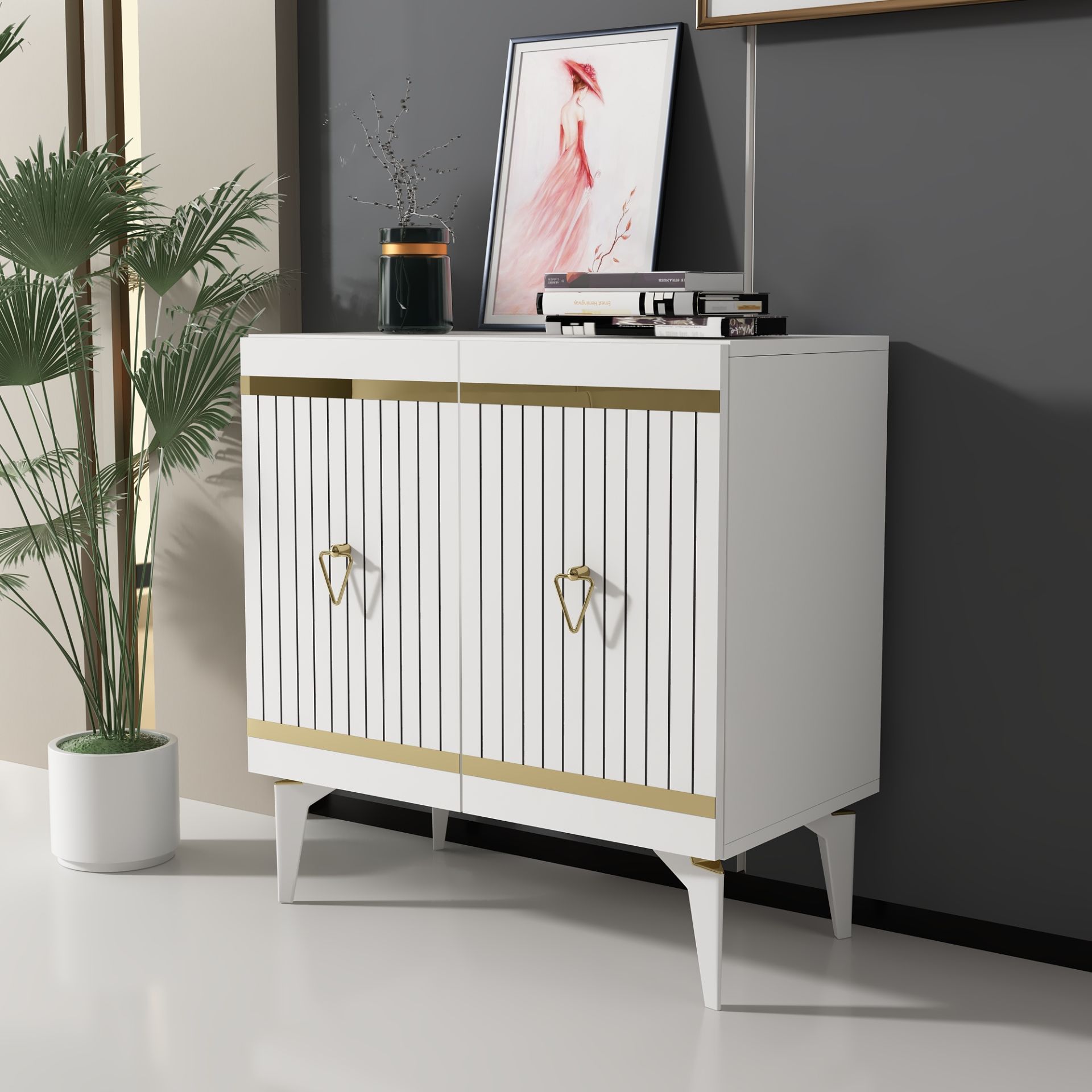 Mabel Konsol Tv Sehpası Çok Amaçlı Dolap 75 cm Beyaz - Altın