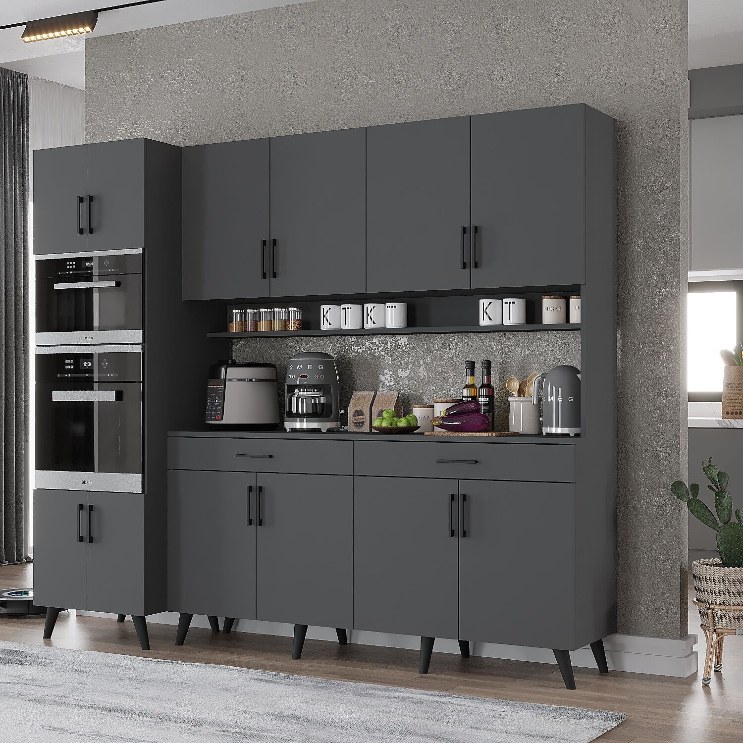 Lora Kahve Köşesi Çok Amaçlı Dolap Kiler Mutfak Dolabı Füme Ücretsiz Kurulum Ölçü Seçenekli