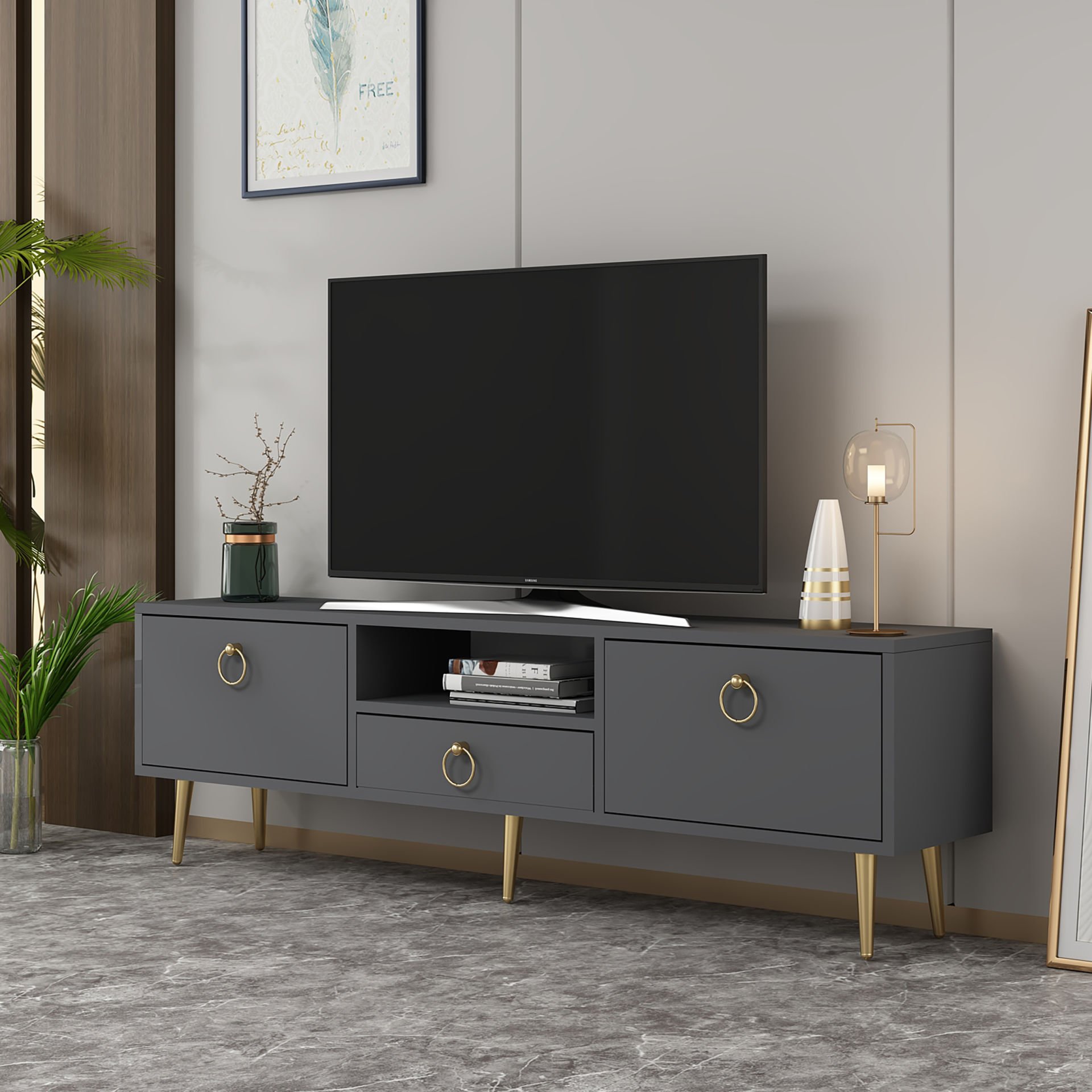 Girit 2 Kapaklı Raflı Ve Çekmeceli Tv Sehpası Tv Ünitesi Antrasit