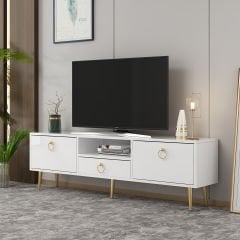 Girit 2 Kapaklı Raflı Ve Çekmeceli Tv Sehpası Tv Ünitesi Beyaz