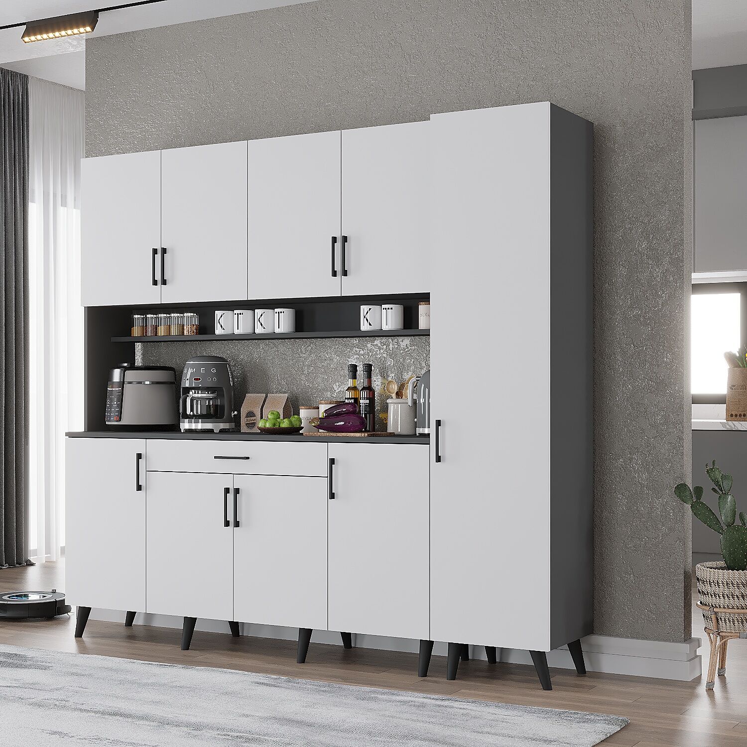 Zenit Kahve Köşesi Çok Amaçlı Dolap Kiler Mutfak Dolabı Füme Beyaz Ücretsiz Kurulum Ölçü Seçenekli