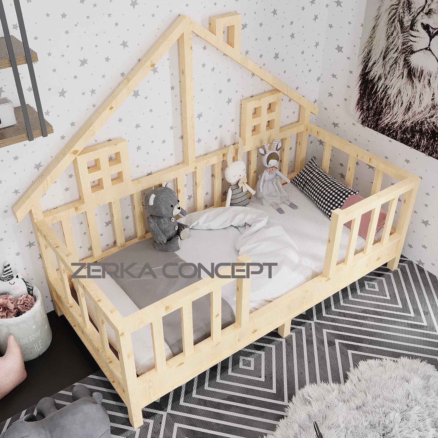 Miya İthal Ladin Doğal Ahşap Çatılı Montessori Karyola Ölçü Seçenekli