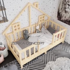 Miya İthal Ladin Doğal Ahşap Çatılı Montessori Karyola Ölçü Seçenekli