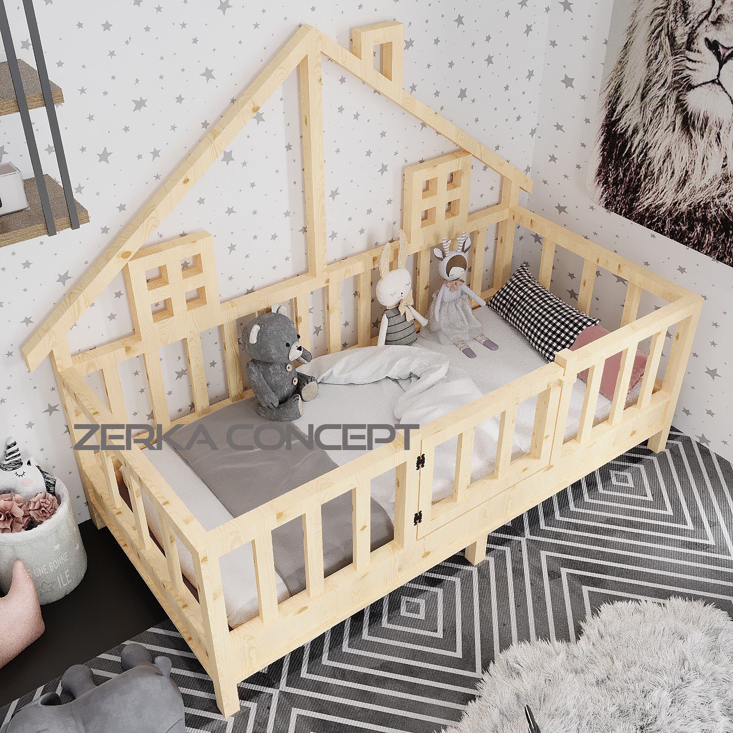 Pina İthal Ladin Doğal Ahşap Çatılı Montessori Karyola Ölçü Seçenekli